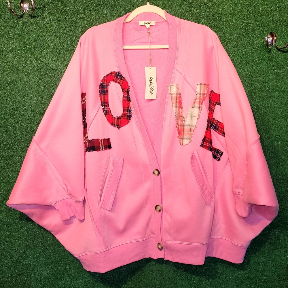 1023 NWT Blue Velvet Pink LOVE Cardigan with Plaid Accents - Picture 1 of 2